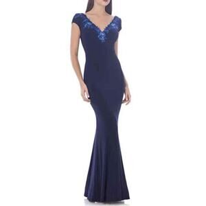 JS Collections Navy Jersey Mermaid Embroidered Neck V- neck Gown in Size 16